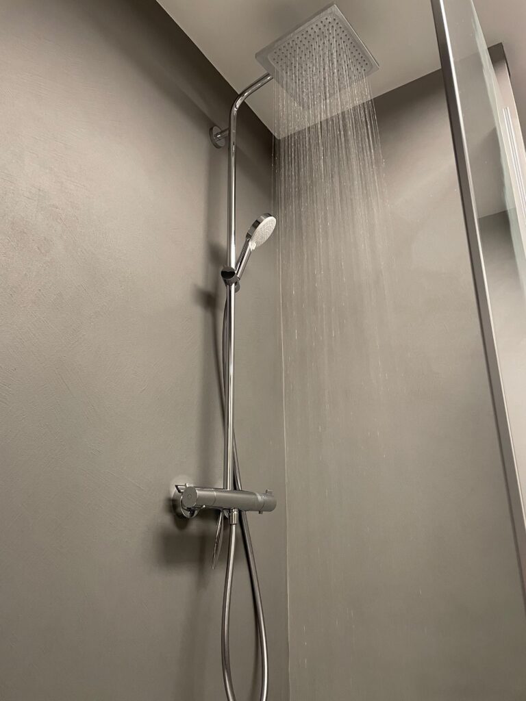 Dusche mit ruhig gestalteten fugenlosen Oberflächen in Grau