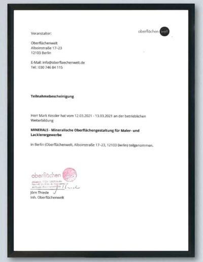 Zertifikat für mineralische Oberflächengestaltung