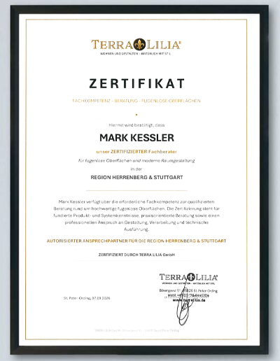 TERRA LILIA Zertifikat für Mark Kessler als Fachberater für fugenlose Oberflächen in Herrenberg und Stuttgart