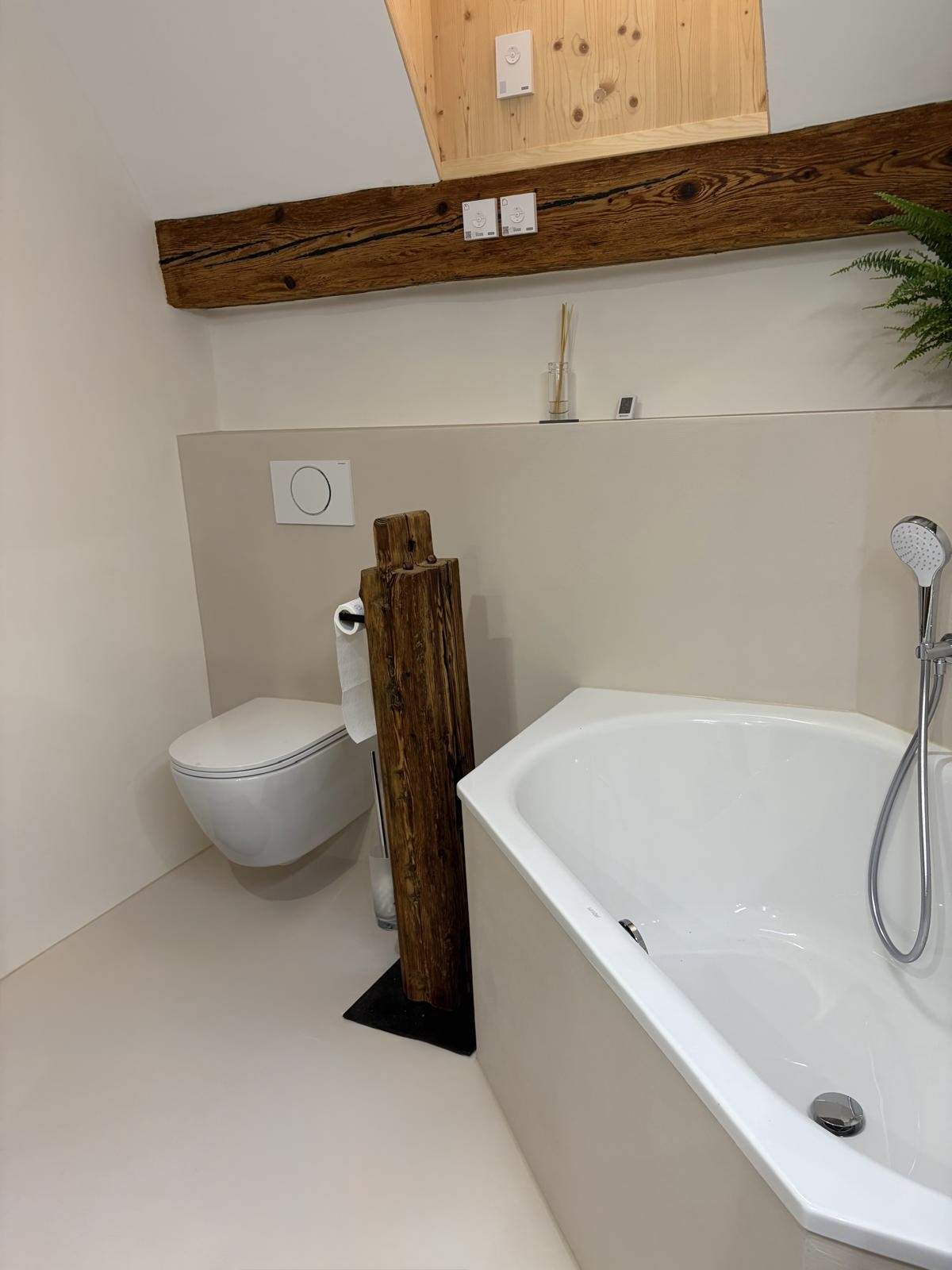 Fugenloses Bad mit WC, Badewanne und sichtbarem Holzbalken in Hailfingen