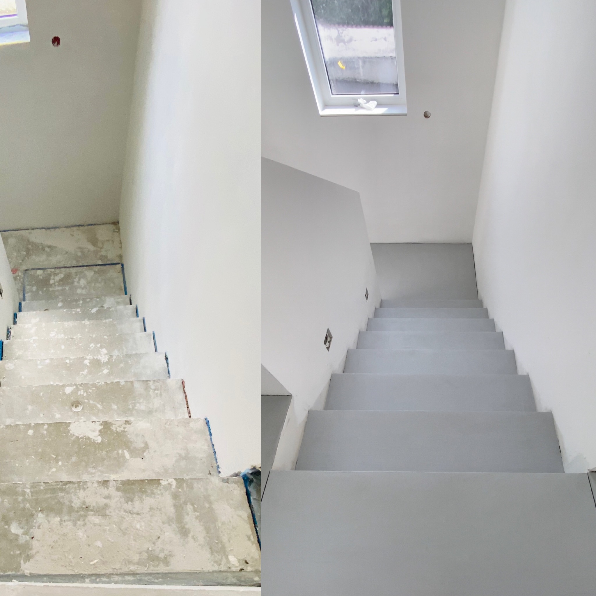Vorher-Nachher-Vergleich der fugenlosen Treppengestaltung in Leonberg